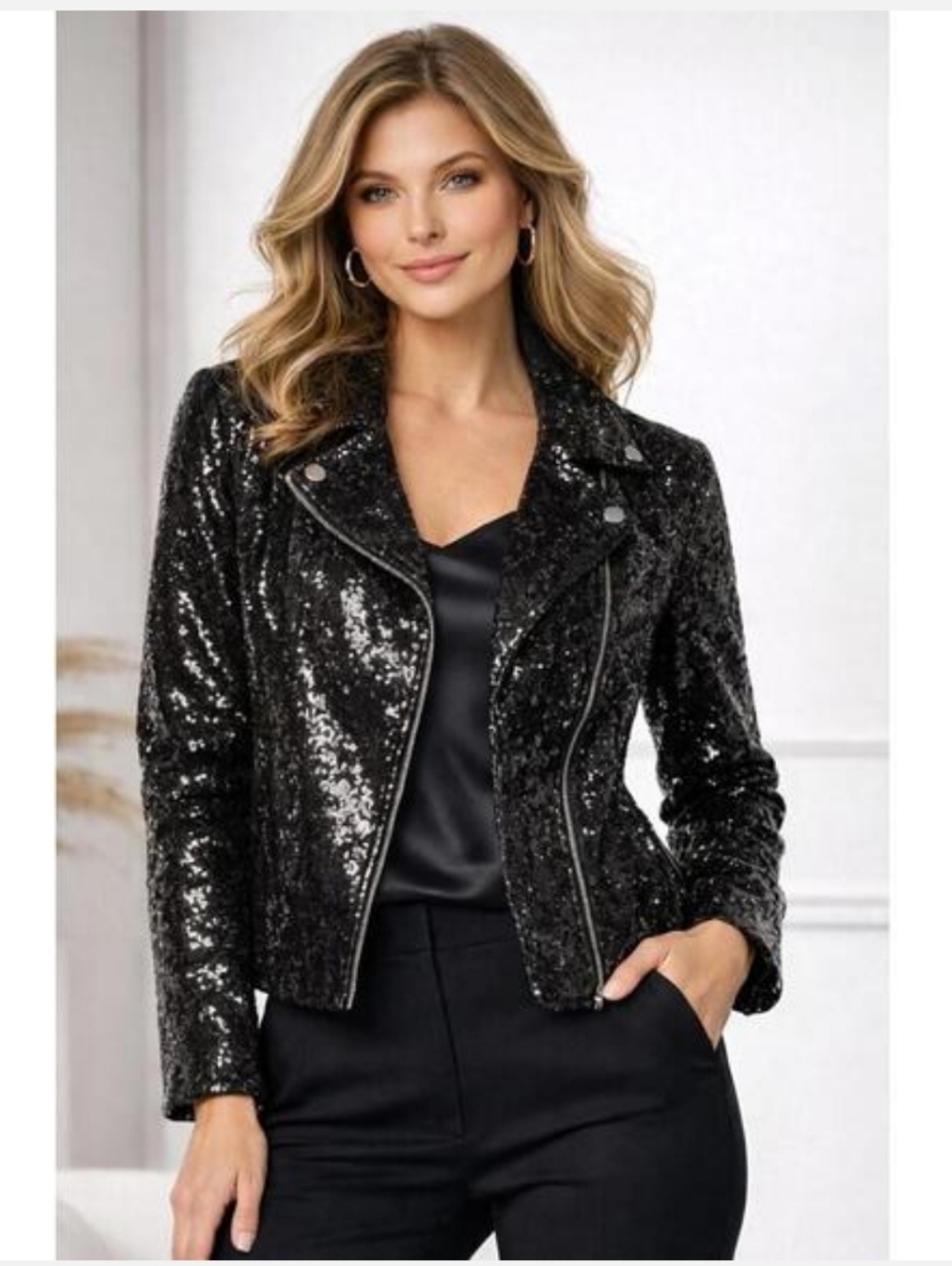 New Colleen Lopez Sequin Black Moto Jacket